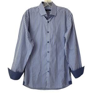 Mens Black Rivet Blue Striped Contrast Cuff Button Down Shirt Sz 2 Small Career